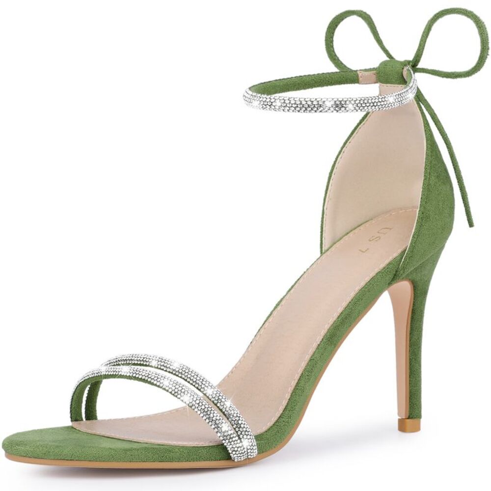 Rhinestone Ankle Tie Stiletto Heels Sandals Olive Green